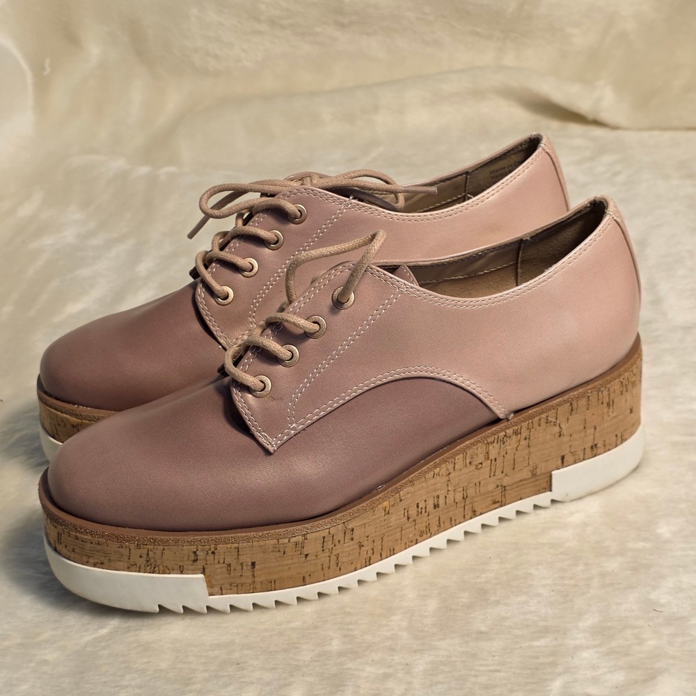 Aldo Platform Oxfords Leather Loafers Dusty Rose Cork Wedge Lace Up Women 8.5